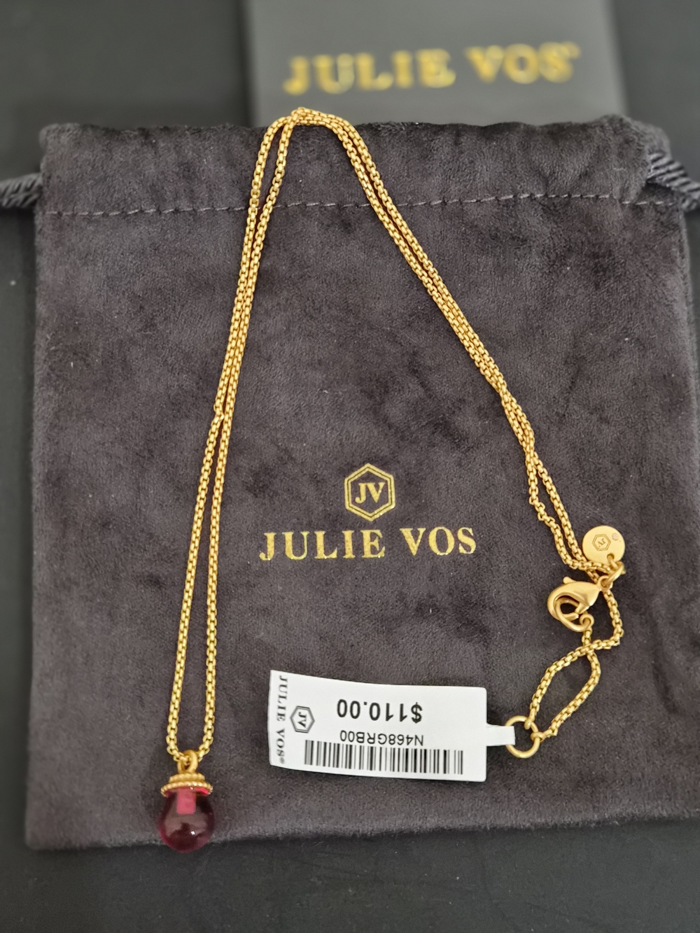 Julie Vos Gold Chain with Deep Red Glass Drop Pendant